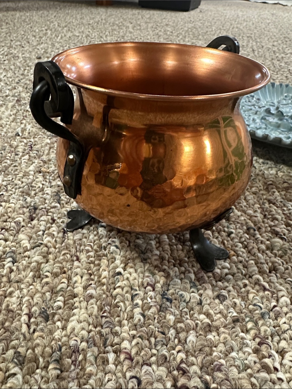 Hammered Copper Cauldron Planter with Iron Handles Germany